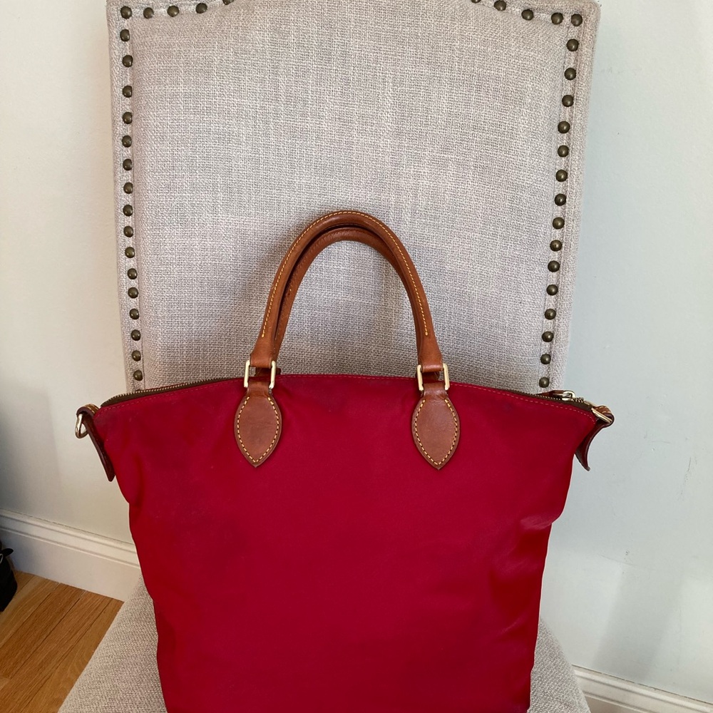 Dooney & Bourke Red Nylon Tote with Brown Leather Trim - Picture 6 of 9